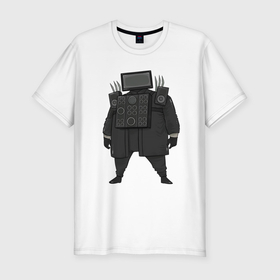 Мужская футболка хлопок Slim с принтом Skibidi toilet TV Man boss в Санкт-Петербурге, 92% хлопок, 8% лайкра | приталенный силуэт, круглый вырез ворота, длина до линии бедра, короткий рукав | 