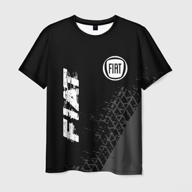 Мужская футболка 3D с принтом Fiat speed на темном фоне со следами шин вертикально в Курске, 100% полиэфир | прямой крой, круглый вырез горловины, длина до линии бедер | Тематика изображения на принте: 