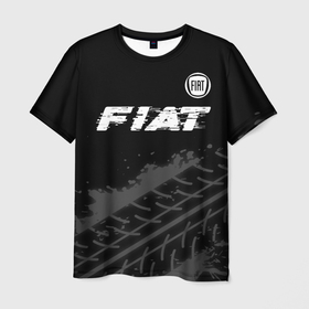 Мужская футболка 3D с принтом Fiat speed на темном фоне со следами шин посередине в Курске, 100% полиэфир | прямой крой, круглый вырез горловины, длина до линии бедер | Тематика изображения на принте: 