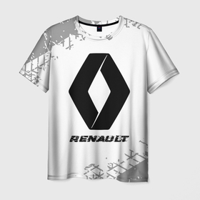 Мужская футболка 3D с принтом Renault speed на светлом фоне со следами шин в Кировске, 100% полиэфир | прямой крой, круглый вырез горловины, длина до линии бедер | 