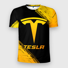 Мужская футболка 3D Slim с принтом Tesla   gold gradient в Петрозаводске, 100% полиэстер с улучшенными характеристиками | приталенный силуэт, круглая горловина, широкие плечи, сужается к линии бедра | Тематика изображения на принте: 