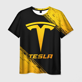 Мужская футболка 3D с принтом Tesla   gold gradient , 100% полиэфир | прямой крой, круглый вырез горловины, длина до линии бедер | 
