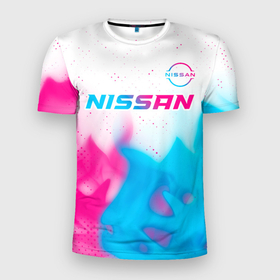 Мужская футболка 3D Slim с принтом Nissan neon gradient style посередине в Екатеринбурге, 100% полиэстер с улучшенными характеристиками | приталенный силуэт, круглая горловина, широкие плечи, сужается к линии бедра | Тематика изображения на принте: 