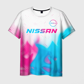 Мужская футболка 3D с принтом Nissan neon gradient style посередине в Екатеринбурге, 100% полиэфир | прямой крой, круглый вырез горловины, длина до линии бедер | Тематика изображения на принте: 