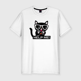 Мужская футболка хлопок Slim с принтом Чёрный котёнок в очках просит о помощи в Кировске, 92% хлопок, 8% лайкра | приталенный силуэт, круглый вырез ворота, длина до линии бедра, короткий рукав | 