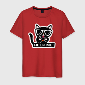 Мужская футболка хлопок с принтом Чёрный котёнок в очках просит о помощи в Екатеринбурге, 100% хлопок | прямой крой, круглый вырез горловины, длина до линии бедер, слегка спущенное плечо. | 