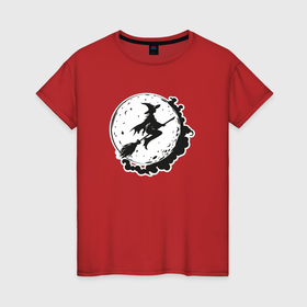 Женская футболка хлопок с принтом Ведьма летит на метле на фоне Луны в Курске, 100% хлопок | прямой крой, круглый вырез горловины, длина до линии бедер, слегка спущенное плечо | 