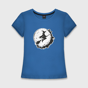 Женская футболка хлопок Slim с принтом Ведьма летит на метле на фоне Луны в Курске,  |  | 