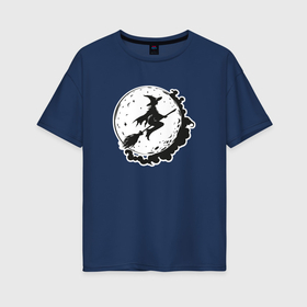 Женская футболка хлопок Oversize с принтом Ведьма летит на метле на фоне Луны в Тюмени, 100% хлопок | свободный крой, круглый ворот, спущенный рукав, длина до линии бедер
 | 