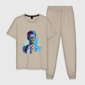 Мужская пижама хлопок с принтом Зомби в пиджаке в Белгороде, 100% хлопок | брюки и футболка прямого кроя, без карманов, на брюках мягкая резинка на поясе и по низу штанин
 | Тематика изображения на принте: 