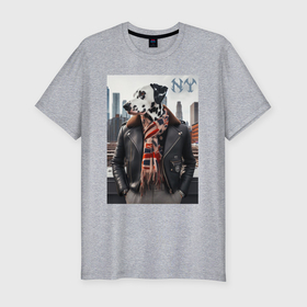 Мужская футболка хлопок Slim с принтом The dalmatian is a fashionista in New York в Белгороде, 92% хлопок, 8% лайкра | приталенный силуэт, круглый вырез ворота, длина до линии бедра, короткий рукав | Тематика изображения на принте: 