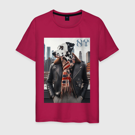 Мужская футболка хлопок с принтом The dalmatian is a fashionista in New York в Курске, 100% хлопок | прямой крой, круглый вырез горловины, длина до линии бедер, слегка спущенное плечо. | 