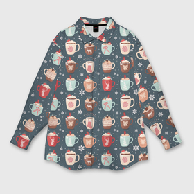 Мужская рубашка oversize 3D с принтом Кружки какао   зимний новогодний паттерн ,  |  | 