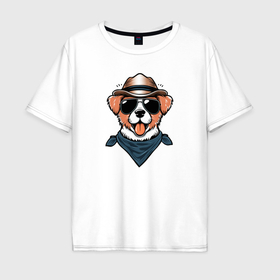 Мужская футболка хлопок Oversize с принтом Собака Джек рассел терьер в шляпе в Белгороде, 100% хлопок | свободный крой, круглый ворот, “спинка” длиннее передней части | 