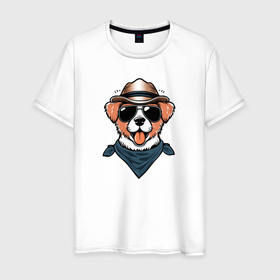 Мужская футболка хлопок с принтом Собака Джек рассел терьер в шляпе в Тюмени, 100% хлопок | прямой крой, круглый вырез горловины, длина до линии бедер, слегка спущенное плечо. | 