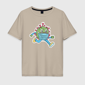 Мужская футболка хлопок Oversize с принтом Бегущий коронавирус в маске в Курске, 100% хлопок | свободный крой, круглый ворот, “спинка” длиннее передней части | 