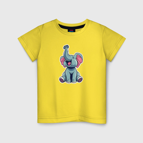 Детская футболка хлопок с принтом Маленький слонёнок с поднятым вверх хоботом в Кировске, 100% хлопок | круглый вырез горловины, полуприлегающий силуэт, длина до линии бедер | 