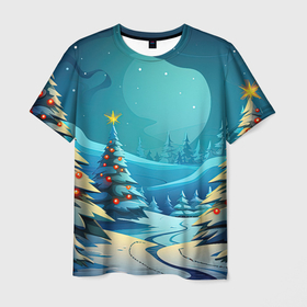 Мужская футболка 3D с принтом Новогодние елки в снегу , 100% полиэфир | прямой крой, круглый вырез горловины, длина до линии бедер | 