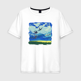 Мужская футболка хлопок Oversize с принтом Ласточки весной в Санкт-Петербурге, 100% хлопок | свободный крой, круглый ворот, “спинка” длиннее передней части | Тематика изображения на принте: 