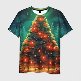 Мужская футболка 3D с принтом Новогодняя сияющая елка в Курске, 100% полиэфир | прямой крой, круглый вырез горловины, длина до линии бедер | 