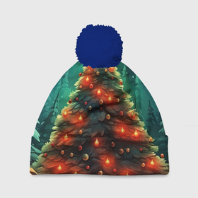 Шапка 3D c помпоном с принтом Новогодняя сияющая елка в Екатеринбурге, 100% полиэстер | универсальный размер, печать по всей поверхности изделия | 