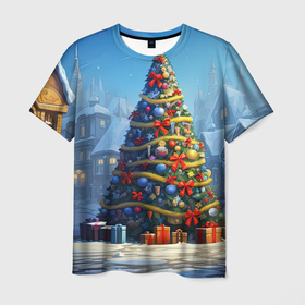 Мужская футболка 3D с принтом Новогодняя  большая елка , 100% полиэфир | прямой крой, круглый вырез горловины, длина до линии бедер | 
