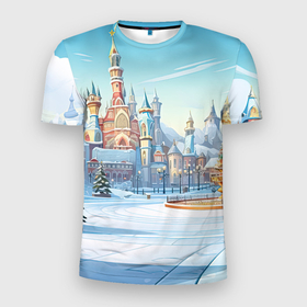 Мужская футболка 3D Slim с принтом Новогодний  городской  пейзаж в Новосибирске, 100% полиэстер с улучшенными характеристиками | приталенный силуэт, круглая горловина, широкие плечи, сужается к линии бедра | Тематика изображения на принте: 
