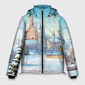 Мужская зимняя куртка 3D с принтом Новогодний  городской  пейзаж в Новосибирске, верх — 100% полиэстер; подкладка — 100% полиэстер; утеплитель — 100% полиэстер | длина ниже бедра, свободный силуэт Оверсайз. Есть воротник-стойка, отстегивающийся капюшон и ветрозащитная планка. 

Боковые карманы с листочкой на кнопках и внутренний карман на молнии. | Тематика изображения на принте: 