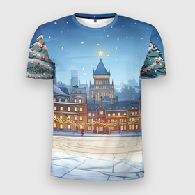 Мужская футболка 3D Slim с принтом Новогодняя  площадь в Белгороде, 100% полиэстер с улучшенными характеристиками | приталенный силуэт, круглая горловина, широкие плечи, сужается к линии бедра | 