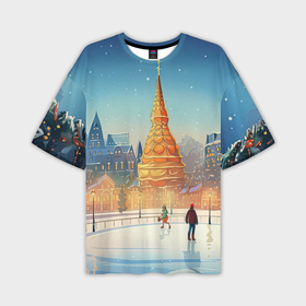 Мужская футболка oversize 3D с принтом Новогодняя елка на площади в Белгороде,  |  | Тематика изображения на принте: 