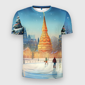 Мужская футболка 3D Slim с принтом Новогодняя елка на площади в Белгороде, 100% полиэстер с улучшенными характеристиками | приталенный силуэт, круглая горловина, широкие плечи, сужается к линии бедра | 