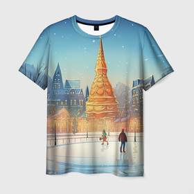 Мужская футболка 3D с принтом Новогодняя елка на площади , 100% полиэфир | прямой крой, круглый вырез горловины, длина до линии бедер | 
