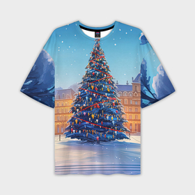 Мужская футболка oversize 3D с принтом Новогодняя площадь с елкой в Белгороде,  |  | Тематика изображения на принте: 