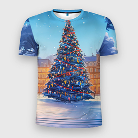 Мужская футболка 3D Slim с принтом Новогодняя площадь с елкой в Белгороде, 100% полиэстер с улучшенными характеристиками | приталенный силуэт, круглая горловина, широкие плечи, сужается к линии бедра | 