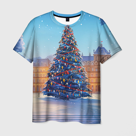 Мужская футболка 3D с принтом Новогодняя площадь с елкой , 100% полиэфир | прямой крой, круглый вырез горловины, длина до линии бедер | 