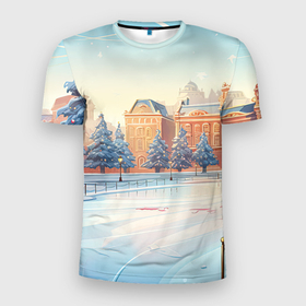 Мужская футболка 3D Slim с принтом Новогодняя городская площадь в Белгороде, 100% полиэстер с улучшенными характеристиками | приталенный силуэт, круглая горловина, широкие плечи, сужается к линии бедра | 