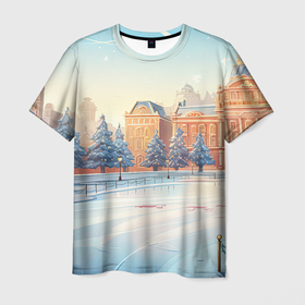 Мужская футболка 3D с принтом Новогодняя городская площадь в Кировске, 100% полиэфир | прямой крой, круглый вырез горловины, длина до линии бедер | 