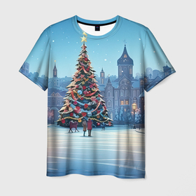 Мужская футболка 3D с принтом Городская новогодняя елка , 100% полиэфир | прямой крой, круглый вырез горловины, длина до линии бедер | 