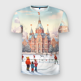 Мужская футболка 3D Slim с принтом Ретро новый год на площади в Екатеринбурге, 100% полиэстер с улучшенными характеристиками | приталенный силуэт, круглая горловина, широкие плечи, сужается к линии бедра | 
