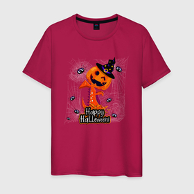 Мужская футболка хлопок с принтом Happy Halloween scary pumpkin wizard в Белгороде, 100% хлопок | прямой крой, круглый вырез горловины, длина до линии бедер, слегка спущенное плечо. | Тематика изображения на принте: 