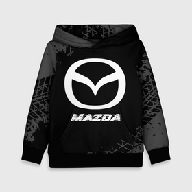 Детская толстовка 3D с принтом Mazda speed на темном фоне со следами шин в Тюмени, 100% полиэстер | двухслойный капюшон со шнурком для регулировки, мягкие манжеты на рукавах и по низу толстовки, спереди карман-кенгуру с мягким внутренним слоем | 