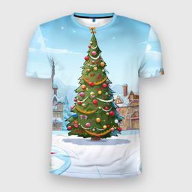 Мужская футболка 3D Slim с принтом Новогодняя  высокая елочка в Екатеринбурге, 100% полиэстер с улучшенными характеристиками | приталенный силуэт, круглая горловина, широкие плечи, сужается к линии бедра | 