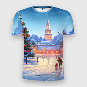 Мужская футболка 3D Slim с принтом Новогодняя   площадь в Белгороде, 100% полиэстер с улучшенными характеристиками | приталенный силуэт, круглая горловина, широкие плечи, сужается к линии бедра | 