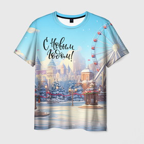 Мужская футболка 3D с принтом С новым годом  новогодний город в Петрозаводске, 100% полиэфир | прямой крой, круглый вырез горловины, длина до линии бедер | Тематика изображения на принте: 
