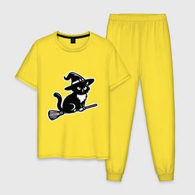 Мужская пижама хлопок с принтом Мистический полет кота ведьмы в Белгороде, 100% хлопок | брюки и футболка прямого кроя, без карманов, на брюках мягкая резинка на поясе и по низу штанин
 | 