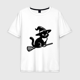 Мужская футболка хлопок Oversize с принтом Мистический полет кота ведьмы в Белгороде, 100% хлопок | свободный крой, круглый ворот, “спинка” длиннее передней части | Тематика изображения на принте: 