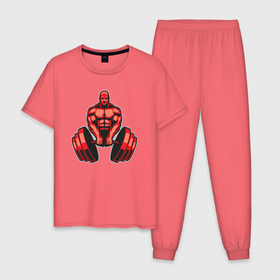 Мужская пижама хлопок с принтом Gym power в Курске, 100% хлопок | брюки и футболка прямого кроя, без карманов, на брюках мягкая резинка на поясе и по низу штанин
 | 