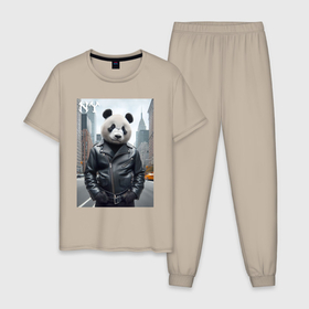 Мужская пижама хлопок с принтом Чувак панда в центре Нью Йорка   нейросеть в Петрозаводске, 100% хлопок | брюки и футболка прямого кроя, без карманов, на брюках мягкая резинка на поясе и по низу штанин
 | Тематика изображения на принте: 