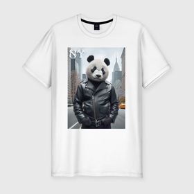 Мужская футболка хлопок Slim с принтом Чувак панда в центре Нью Йорка   нейросеть в Петрозаводске, 92% хлопок, 8% лайкра | приталенный силуэт, круглый вырез ворота, длина до линии бедра, короткий рукав | Тематика изображения на принте: 