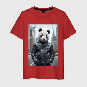Мужская футболка хлопок с принтом Чувак панда в центре Нью Йорка   нейросеть в Петрозаводске, 100% хлопок | прямой крой, круглый вырез горловины, длина до линии бедер, слегка спущенное плечо. | Тематика изображения на принте: 